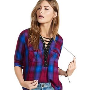 Express Blouse Lace Up Front Red Blue Plaid Size Medium